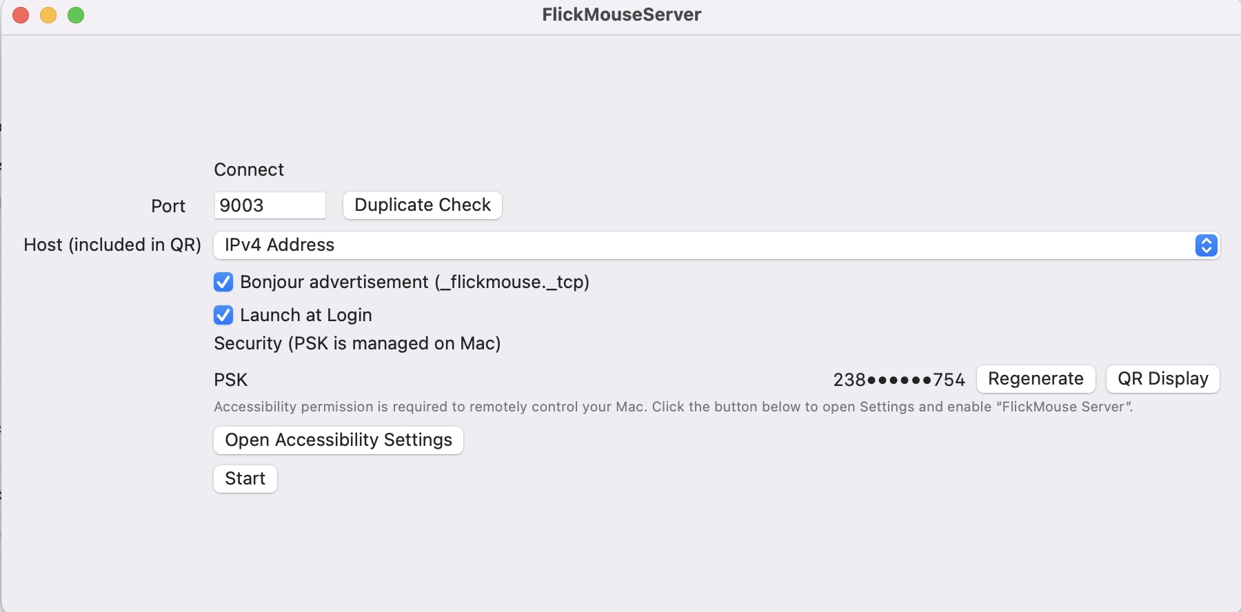 FlickMouse Server main window (Port / Host / Start button)