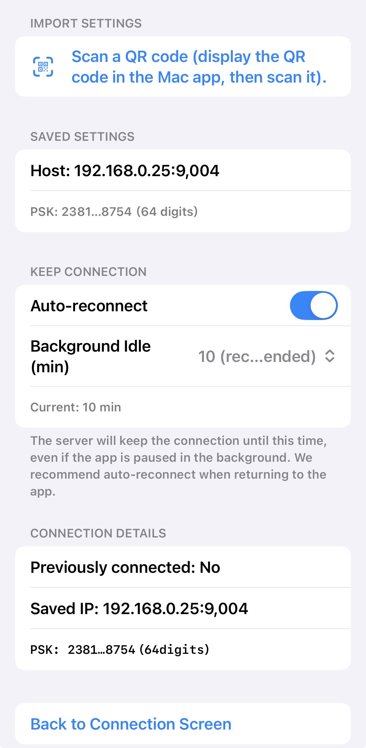 Import settings screen (after scanning)